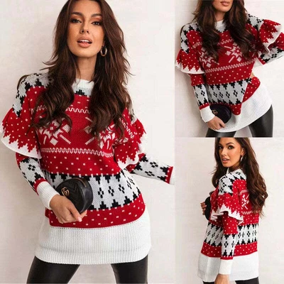 $32.50 • Buy Women's Fashion Christmas Jacquard Loose Crew Neck Sweater