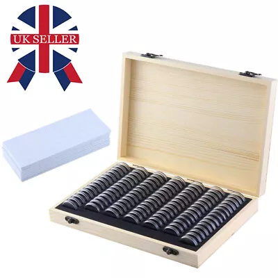 100Pcs Set Clear Coin Capsules Collectible Wooden Display Storage Box Coins • £16.88