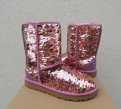 Ugg Classic Short Pink Sparkle Sequin Sheepwool Boots Women Us 5/ Eur 36 ~ Nib • $109.95