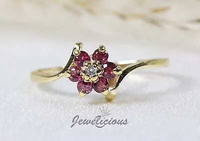 Estate 10K Yellow Gold Natural Diamond And Rubies Small Flower Dainty Ring • $175