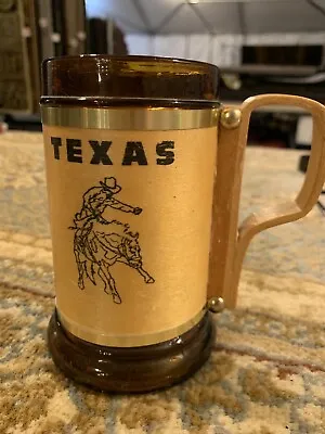 Vintage TEXAS Beer Mug Stein~Wooden Handle Amber Glass~ Alamo~Bull Rider • $22.99