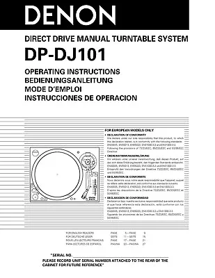 Operating Instructions For Denon DP-DJ101 • $17.28