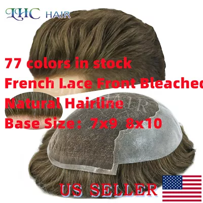 Mens Toupee French Lace Front Human Hair Replacement System Black Brown Grey Wig • $217.55