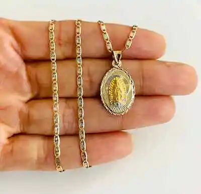 14k Solid Gold 1  Virgin Mary - 14k Gold Virgen Guadalupe 16  Necklace- Pt330 • $274.91