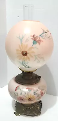 Antique Brass Fostoria Glass Co. Hand Painted Floral Oil Lamp Pink Double Light • $250