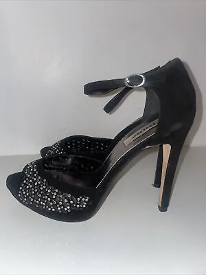 Dune Black Diamante Open Toe Heeled Suede Shoes Size 6 EU 39 Buckle • £15