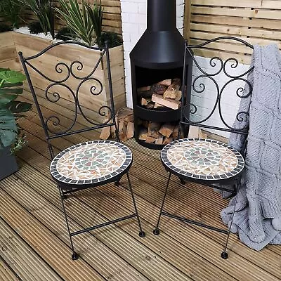 Set Of 2 Outdoor Black Mosaic Metal Bistro Chairs For Garden Patio Balcony • £101.75