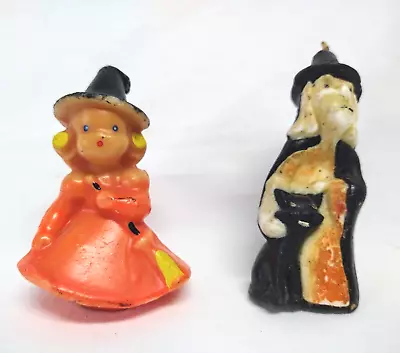 2 Vintage 1950's GURLEY Halloween Candles Witch W Black Cat & Girl Witch MCM • $9