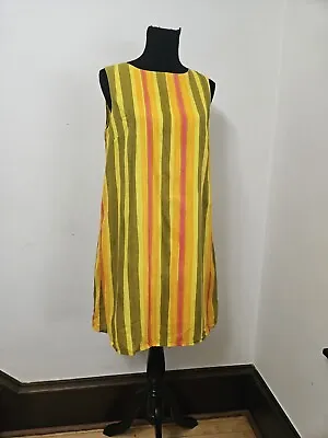 Marimekko Sleeveless Shift Dress Abstract Stripe Yellow Pink Green Sz 40 POCKETS • $68