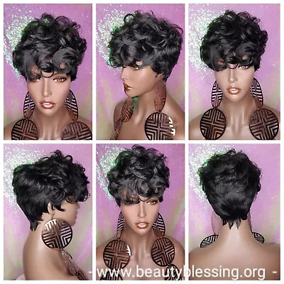 $42.99 • Buy Wig Mohawk Curl Short Cut Full Cap Wig Pixie Cut Curl Wig Black Hair Wigs
