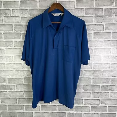 70s Vintage Lilly Dache Mens Size XL Soft Polo Shirt Cobalt Blue Textured Fabric • $13.55