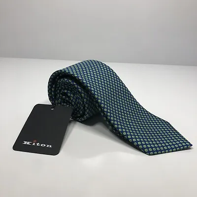 Kiton Napoli  NWT $295 Seven Fold Silk Tie Green & Blue Geometric See Picture🔥 • $116.79