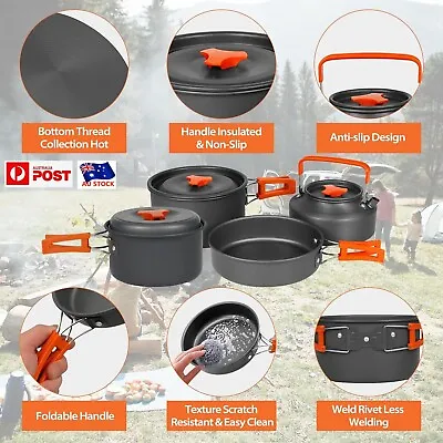 Camping Cookware Portable Stainless Steel Pot And Pans Cooking Set Camping Gear • $68.11