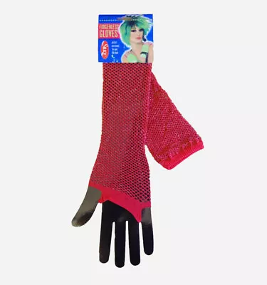 £2.75 • Buy Long Red Silver Fingerless Fishnet Gloves - Glitter Effect -80's Burlesque Party
