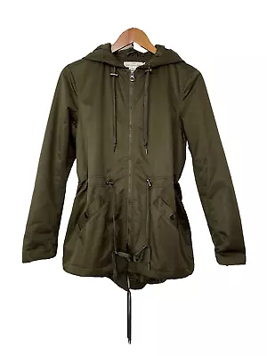 H&M LOGG Womens Short Parka Khaki Green Adjustable Waist And Hoodie Size UK 6 • £15.99