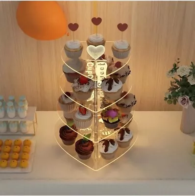 4 Tier Cupcake Stand Heart Acrylic Tower Candy Bar Party Décor LED Light Wedding • £29.95