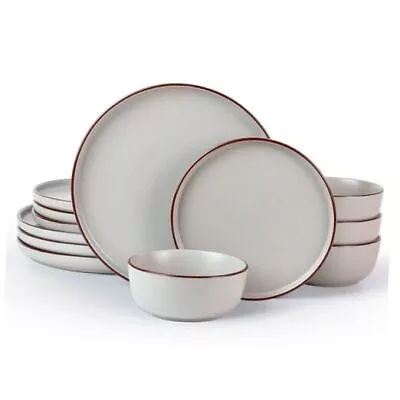  Mercury Plates And Bowls Sets 12 Pieces Stoneware Dinnerware Sets Light Gray • $111.98