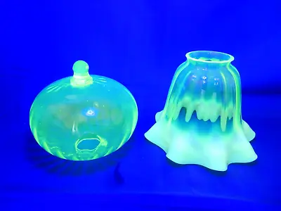 Antique Vaseline Uranium Glass Oil Lamp Reservoir  Font And Lamp Shade #2 • $149.33