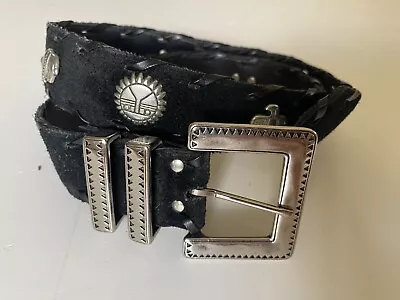 Vintage Native American Symbol Drawings Black Leather Embellished Belt • $49