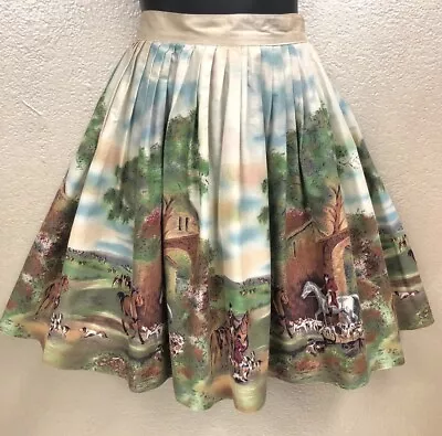 Vintage 1950's Ladies Hunting Scene Short Cotton Skirt Riding Fox Hunt English • $55