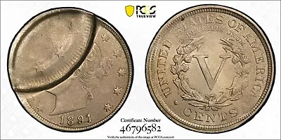 $2400 • Buy 1891 Liberty V Nickel ~ Huge 35% Partial Counter-Brockage Error ~ PCGS AU 58
