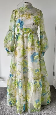 Vintage Green Blue Floral Sheer Voile Puff Sleeve Prom Dress Gown Retro 60s 70s • £30