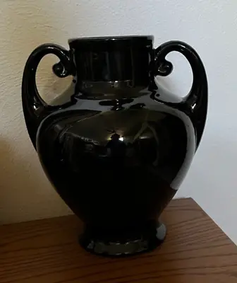 Cliftwood Pottery (Morton IL 1920-1940) 9-1/2 Inch Handled Vase - Mirror Black • $17.50