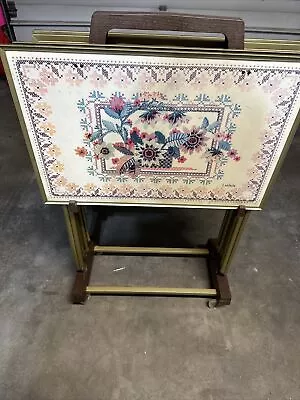 Vintage Set Of 4 LAVADA MCM Floral Faux Needlepoint TV Tray Tables Rolling Stand • $175