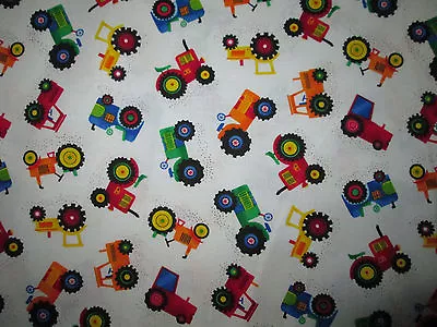 Tractors Farm Small Multi Colors White Cotton Fabric FQ • $3.99