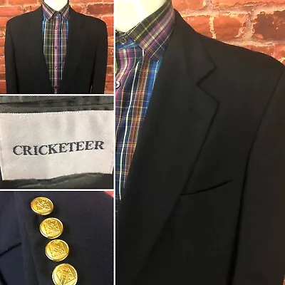 Vtg Cricketeer USA Men Blazer 42R Navy Gold Lion Crest Buttons Wool Jacket (R1) • $49.75