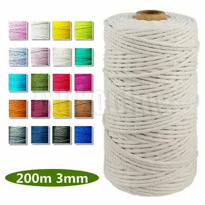 £7.99 • Buy 3mm 200m Beige 100% Natural Cotton Twisted Cord Craft Macrame Artisan String New