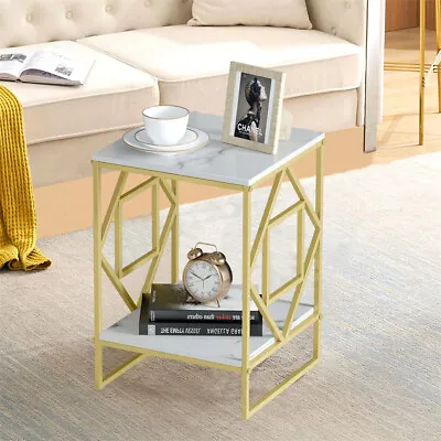 2 Tier Modern Coffee Table Marble Top Accent Side Table With Gold Metal Frame • $65.90