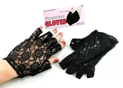 Short Black Lace Fingerless Gloves 80s Goth Ladies Halloween Fancy Dress Style • £2.99