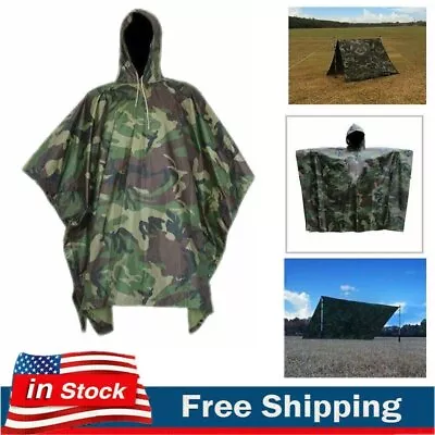 New US Military Woodland Ripstop Wet Weather Raincoat Poncho Camping Hiking Camo • $30.96