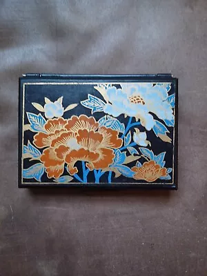 Vintage Small Jewelry Ring Box Oriental Floral Flowers Black Mirrored 6 Slots • $14