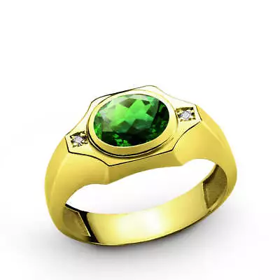 Men's Diamonds Ring With Green Emerald In 14k Yellow Gold • $845