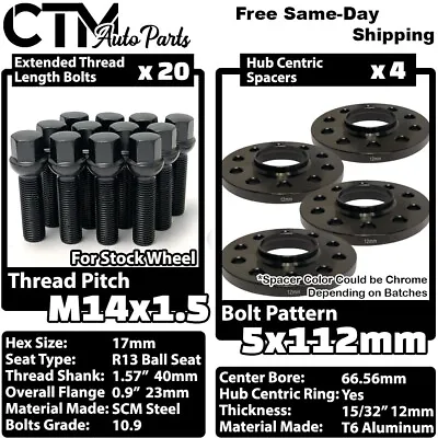 4x 12mm Thick 5x112 66.56mm CB Wheel Spacer Black Bolt Fit Mercedes Stock Wheels • $91.99