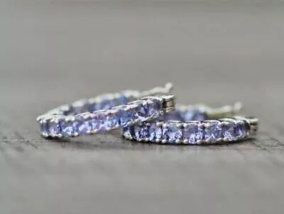 2Ct Round Simulated Blue Tanzanite Huggie/Hoop Earrings 14K White Gold Plated • $80.53