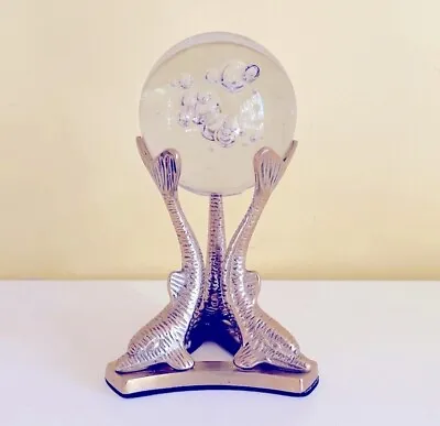 Vintage Clear Bubble Orb Sphere Glass Ball On Brass Dolphin Stand Paperweight • $29.99