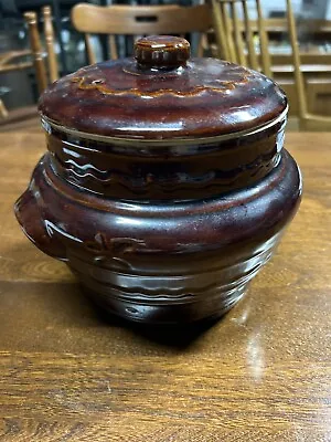 Marcrest Stoneware Bean Pot Crock W Lid DAISY DOT Ovenproof Brown VTG USA • $30