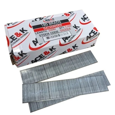 £9.99 • Buy ACE & K SN2004 18 Gauge Galvanised Straight Angle Brad Nail 25mm Box Qty 5000