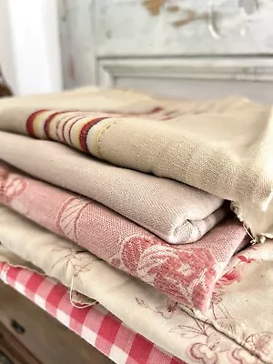 BUNDLE Antique CUT Linen Cotton Fabrics Lot CRAFT FLORAL And STRIPES C1900-1920 • £85.90