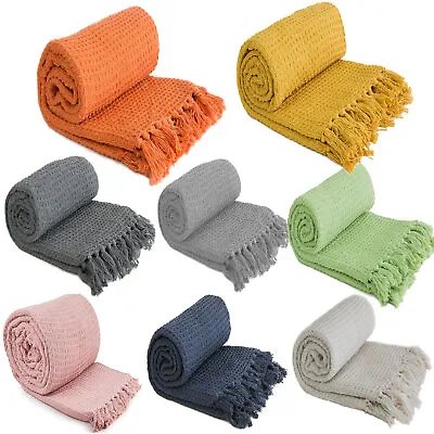 £11.99 • Buy Large XL Plain Cotton Honeycomb Waffle Eco Recycled Blanket Chair Sofa Bed Throw
