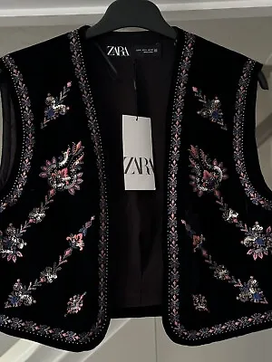 ZARA Black Embroidered Beaded Velvet Gilet Waistcoat Size S Bloggers Festival • $62.22