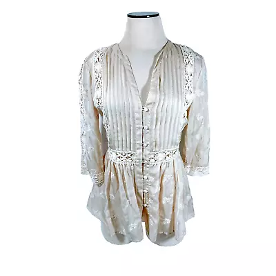 Johnny Was 4 Love And Liberty Embroidered Lace 100% Silk Sheer Ivory Top Sz S • $79