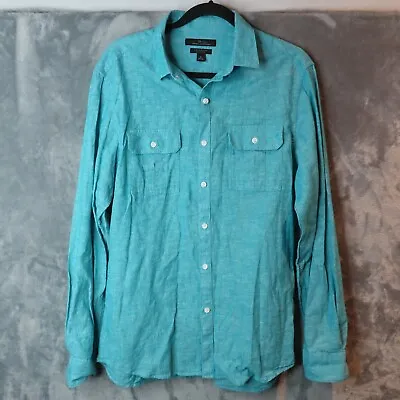 MARC ANTHONY Shirt Mens Medium Turquoise Blue Linen Cotton Blend Pockets Button • $25.88