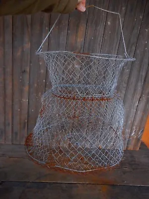 Vintage Rusty Collapsible Wire Mesh Fishing Fish Basket Cage Hinged Trap Door • $13.29