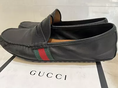 Gucci Size 8 Men's Black Leather Driver Loafer Shoe With Web Detail & Dust Bag • $149.99