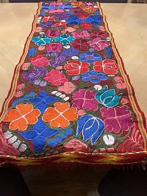 Colorful Floral Mexican Embroidered Table Runner Handmade In Chiapas 17” X 47” • $74.95