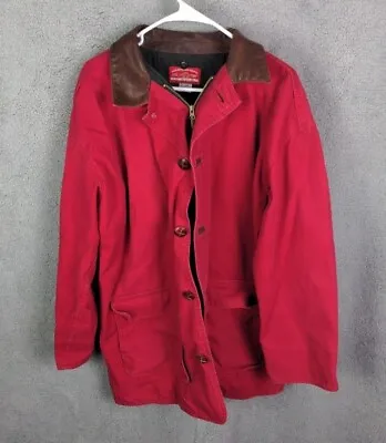 Vintage Marlboro Red Canvas Chore Coat Jacket Size Medium 90s Barn Leather Trim • $30
